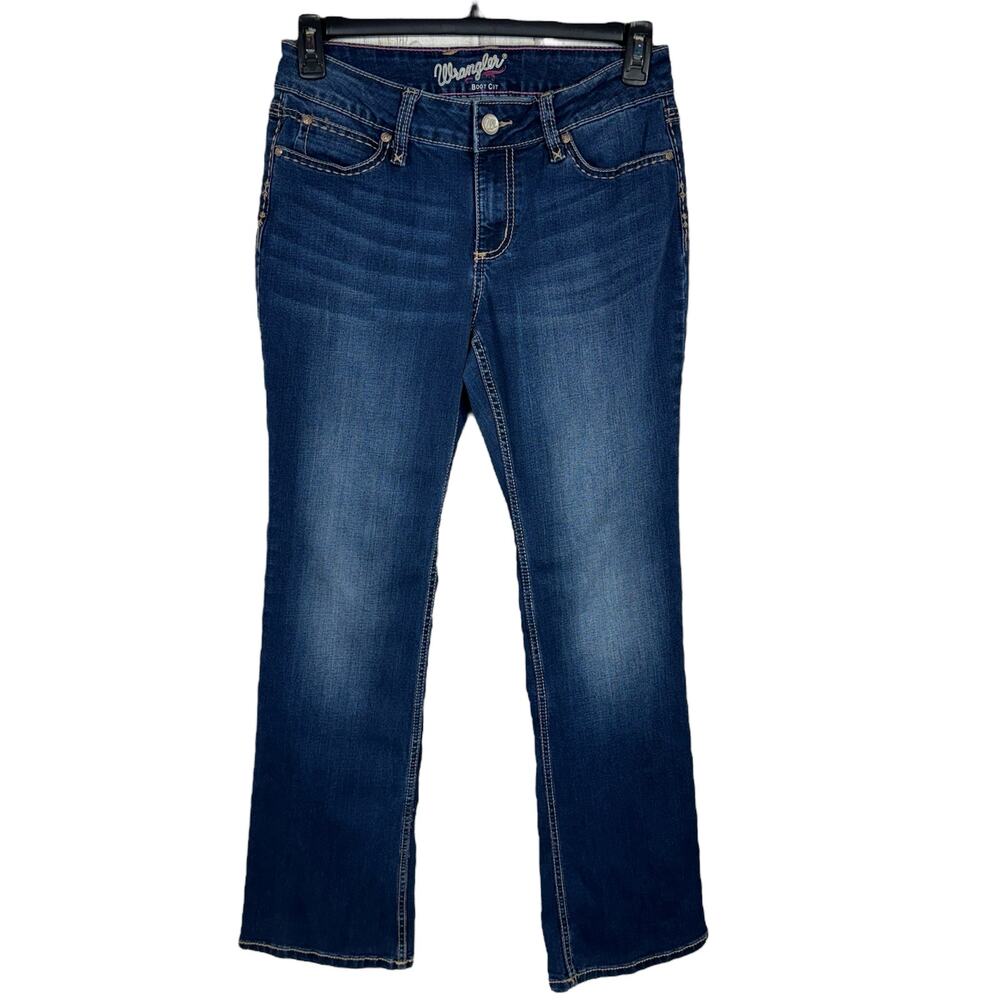 Wrangler SZ 9/10 Bootcut Jeans Mid-Rise Stretch Zip-Fly Whiskered Dark Wash Blue